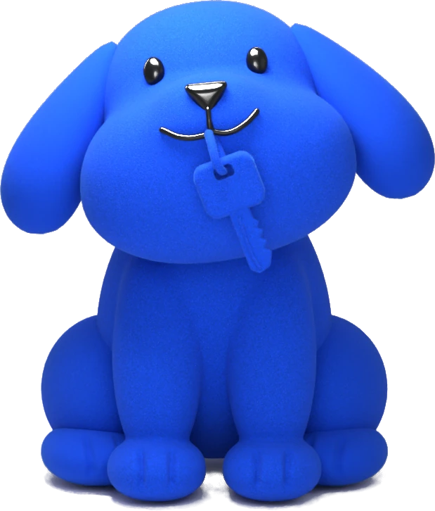 Reclaim For You's mascot, a blue dog holding a car key in its mouth