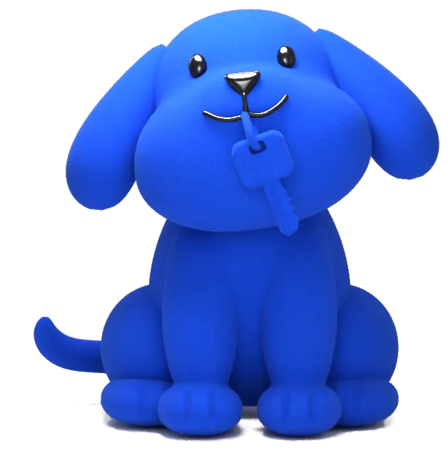 Reclaim For You's mascot, a blue dog holding a car key